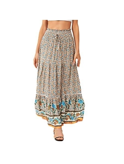 American Trends Womens Boho Skirt for Women Floral A Line Midi Skirt Ruffle High Waist Swing Maxi Dresses