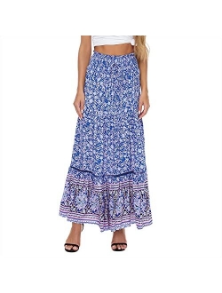 American Trends Womens Boho Skirt for Women Floral A Line Midi Skirt Ruffle High Waist Swing Maxi Dresses