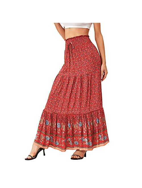 American Trends Womens Boho Skirt for Women Floral A Line Midi Skirt Ruffle High Waist Swing Maxi Dresses