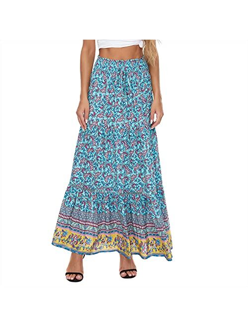 American Trends Womens Boho Skirt for Women Floral A Line Midi Skirt Ruffle High Waist Swing Maxi Dresses