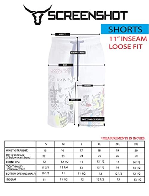 SCREENSHOT Mens Hip Hop Premium Classic Fit Urban Fleece Shorts - Street Fashion SweatShorts Ribbed Wasteband with Drawstring