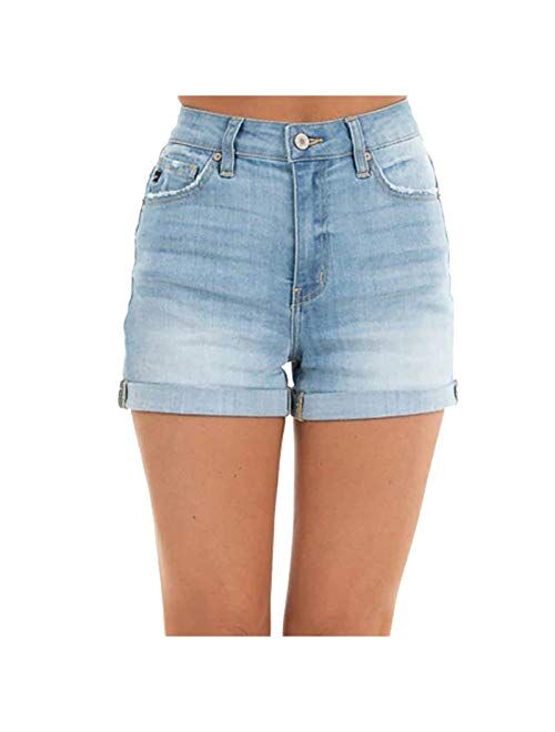 MIUERSA Women's Mid Rise Rolled Hem Jeans Stretchy Standard Distressed Juniors Jean Shorts Denim Shorts with Pockets