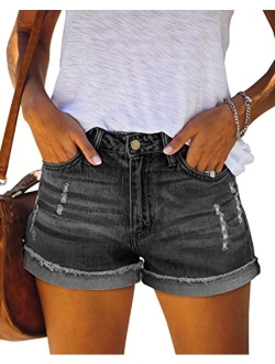 KISSMODA Women's Casual Denim Shorts Frayed Raw Hem Ripped Summer Jeans Rolled Up Stretchy Hot Short Pants