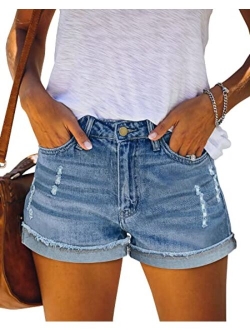 KISSMODA Women's Casual Denim Shorts Frayed Raw Hem Ripped Summer Jeans Rolled Up Stretchy Hot Short Pants