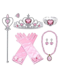 Kaptin 9Pcs Princess Dress Up Accessories Set,Crown Scepter Necklace Earrings Gloves Bracelet for Little Girls