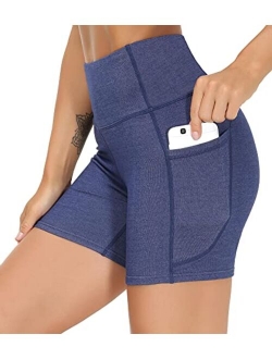 High Waist Yoga Shorts for Women'sTummy Control Fitness Athletic Workout Running Shorts with Deep Pockets