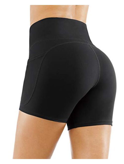 THE GYM PEOPLE High Waist Yoga Shorts for Women's Tummy Control Fitness Athletic Workout Running Shorts with Deep Pockets