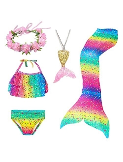 Bxysxly 5Pcs Kids Swimsuit Mermaid Tails for Swimming for Girls Bikini Costume Sets with Flower Headband (No Monofin)