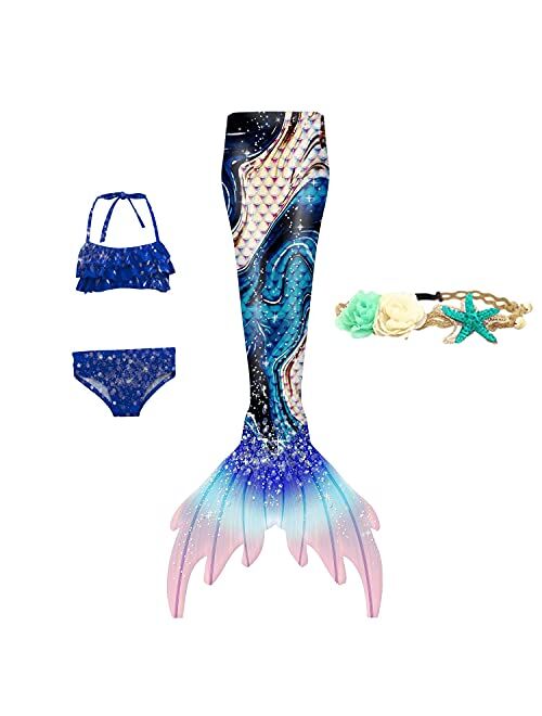 XNSGAO 4PCS Mermaid Tails for Swimming for Girls Kids Mermaid Swimsuit Costume Princess Bikini Set Bathing Suits