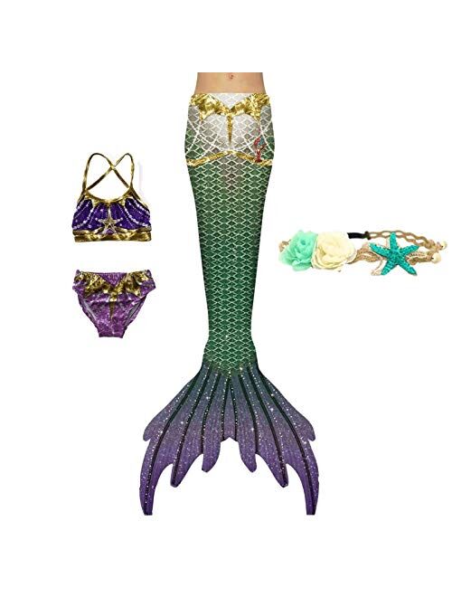 XNSGAO 4PCS Mermaid Tails for Swimming for Girls Kids Mermaid Swimsuit Costume Princess Bikini Set Bathing Suits