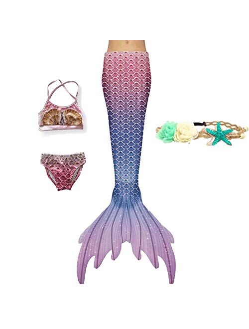 XNSGAO 4PCS Mermaid Tails for Swimming for Girls Kids Mermaid Swimsuit Costume Princess Bikini Set Bathing Suits