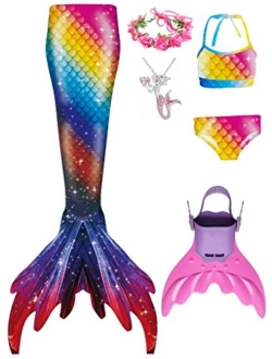 Zentaifan 6Pcs Mermaid Tail Swimsuit with Monofin for Mermaid Tail Swimming Girl 3-12 Years Old