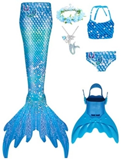 Zentaifan 6Pcs Mermaid Tail Swimsuit with Monofin for Mermaid Tail Swimming Girl 3-12 Years Old