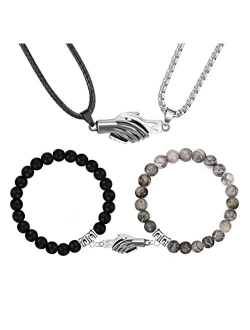 ZNBOH 4Pcs Couples Bracelets Necklace Set for Women Men Matching Bracelets Necklace Couples Magnetic Heart Necklace Bead Bracelet for Valentine's Day Natural Stone Bead C