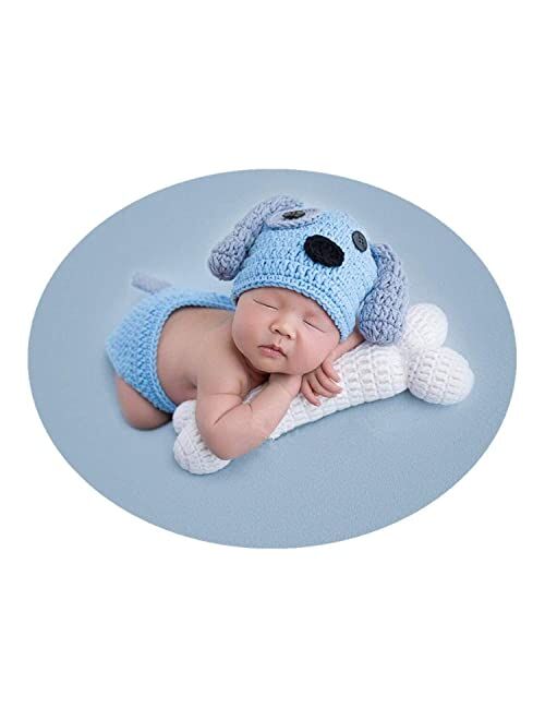 LERORO Newborn Baby Girl Boy Photo Props Outfits Crochet Knitted Blue Dog Hat Shorts with Bone Set for Boys Girls Photography Shoot (0-6 Months)