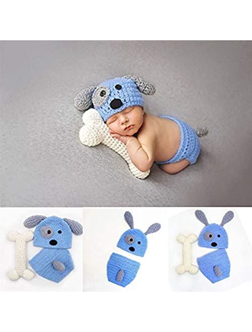 LERORO Newborn Baby Girl Boy Photo Props Outfits Crochet Knitted Blue Dog Hat Shorts with Bone Set for Boys Girls Photography Shoot (0-6 Months)