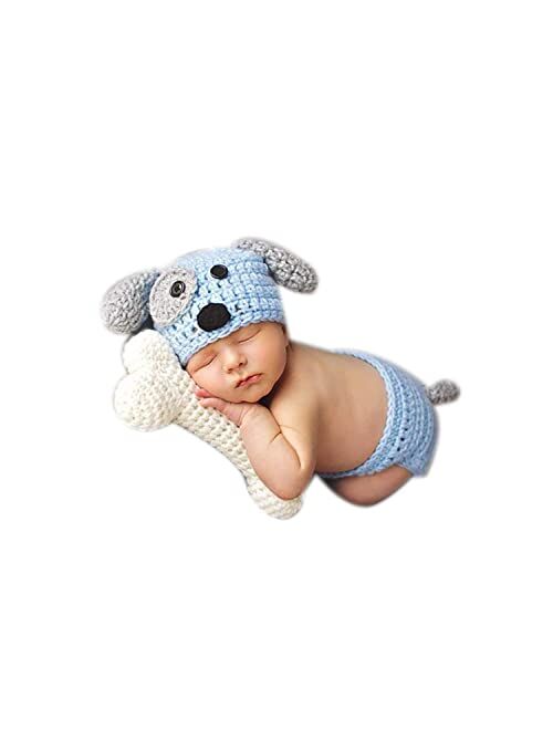 LERORO Newborn Baby Girl Boy Photo Props Outfits Crochet Knitted Blue Dog Hat Shorts with Bone Set for Boys Girls Photography Shoot (0-6 Months)