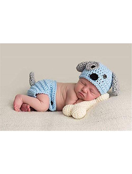 LERORO Newborn Baby Girl Boy Photo Props Outfits Crochet Knitted Blue Dog Hat Shorts with Bone Set for Boys Girls Photography Shoot (0-6 Months)