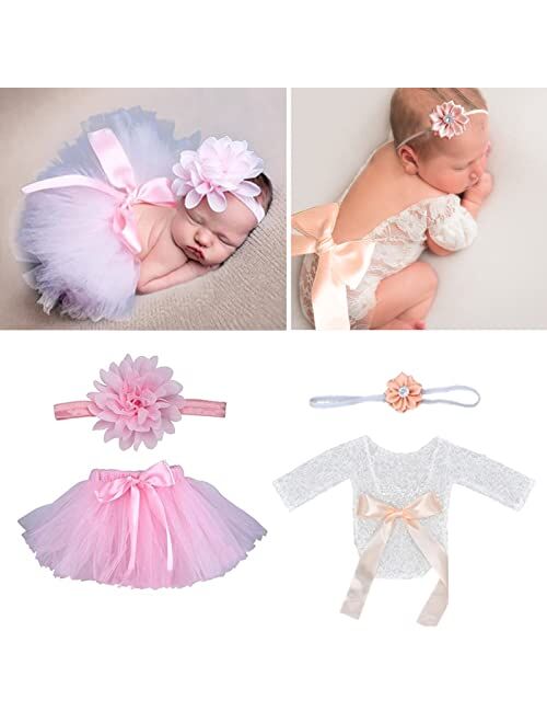 SPOKKI 4 PCS Newborn Photography Props Outfits-BabyTutu Skirt Cute Bow Headdress and Lace Rompers Flower Headband Sets for Infants Girl Boy (lace Romper+Tutu Shirt)