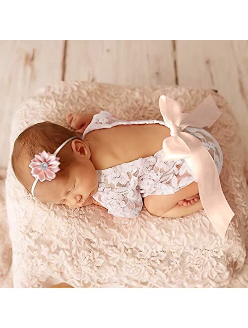 SPOKKI 4 PCS Newborn Photography Props Outfits-BabyTutu Skirt Cute Bow Headdress and Lace Rompers Flower Headband Sets for Infants Girl Boy (lace Romper+Tutu Shirt)