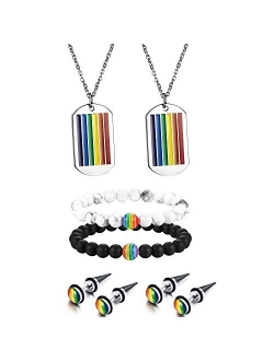 Aroncent Gay Pride LGBTQ Accessories Couples Rainbow Jewelry Set,Stainless Steel Necklace and Magnetic Leather Bracelets for Couple