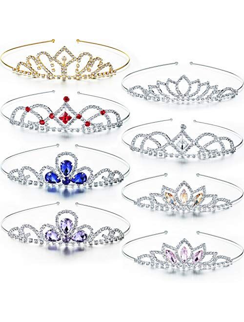 Hicarer 8 Pieces Girls Princess Rhinestone Crown Colorful Crystal Tiara Crown Rhinestone Crown Headband for Little Girls Wedding Princess Birthday Crown Party Decoration 