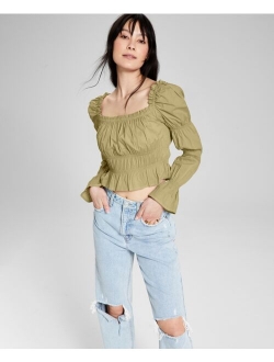 Women's Cotton Ruched Puff-Sleeve Top