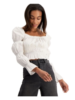 Women's Cotton Ruched Puff-Sleeve Top