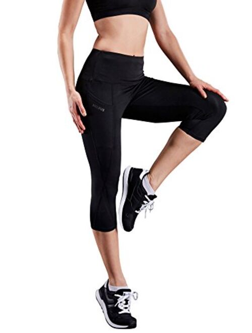 Neleus Women's Tummy Control High Waist Capri Running Leggings Yoga Pants with Pocket