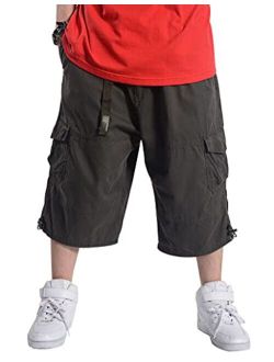 Kinghua Baggy Cargo Shorts for Men Elastic Waist Loose Fit Cotton Twill Below Knee Long Shorts