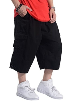 Kinghua Baggy Cargo Shorts for Men Elastic Waist Loose Fit Cotton Twill Below Knee Long Shorts