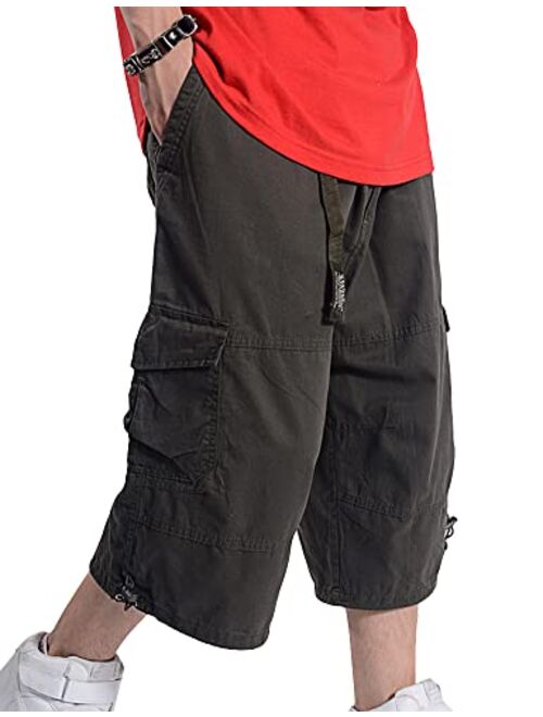 Kinghua Baggy Cargo Shorts for Men Elastic Waist Loose Fit Cotton Twill Below Knee Long Shorts