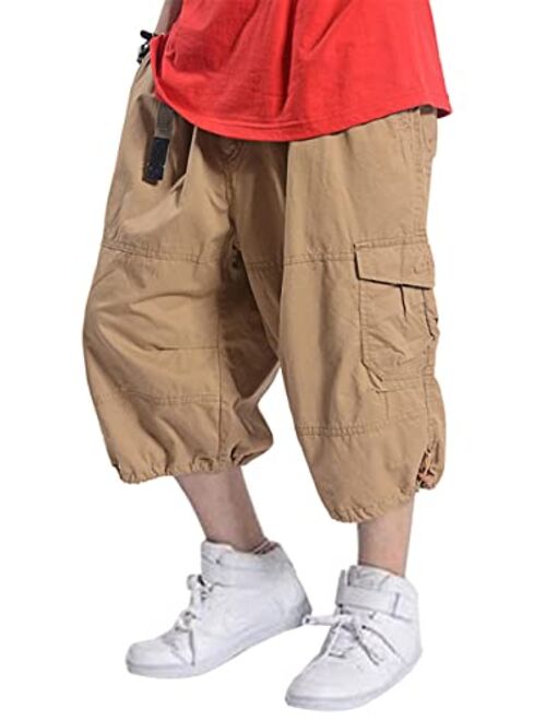 Kinghua Baggy Cargo Shorts for Men Elastic Waist Loose Fit Cotton Twill Below Knee Long Shorts