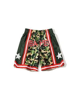 Yiser Bape Shorts Men Womens Trendy Camo Striped Patchwork Graphic Shorts Casual Sport Jogger Beach Shorts Drawstring Pants