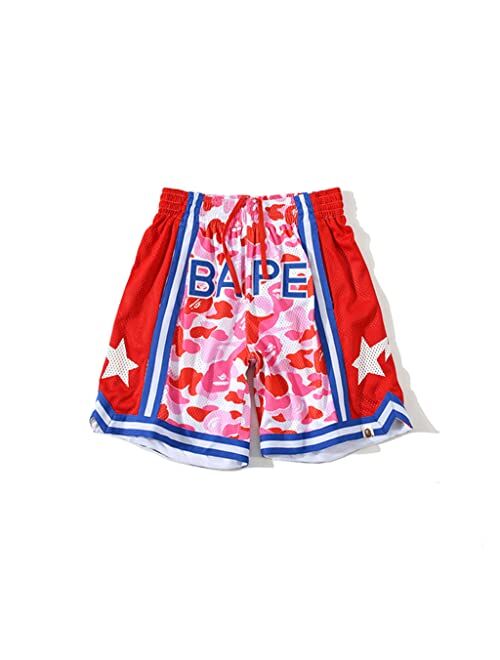 Yiser Bape Shorts Men Womens Trendy Camo Striped Patchwork Graphic Shorts Casual Sport Jogger Beach Shorts Drawstring Pants