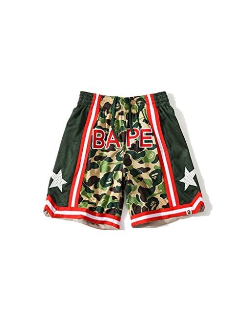 Yiser Bape Shorts Men Womens Trendy Camo Striped Patchwork Graphic Shorts Casual Sport Jogger Beach Shorts Drawstring Pants