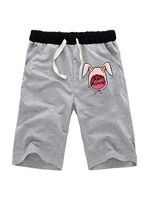 Stuput Mens Shorts Casual Summer Beach Cotton Shorts Bad Rabbit Bunny Design with Elastic Waist Drawstring and Pockets