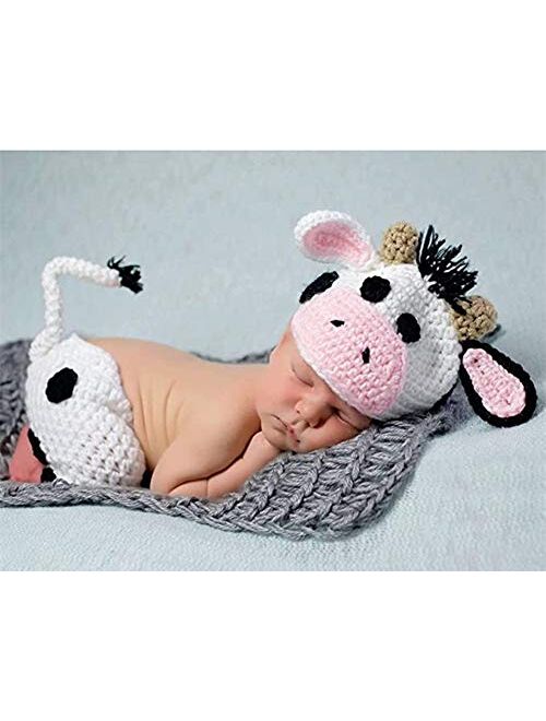 Nenvwa Newborn Baby Photography Prop Boy Girl Photo Shoot Outfits Crochet Knitted Cows Hat Shorts Set White