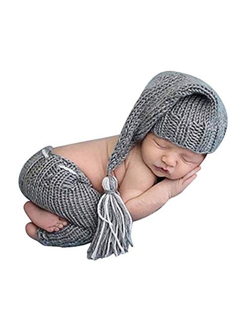 Vedory Newborn Baby Photo Shoot Props Girl Boy Crochet Knit Hat Costume Stripe Hat Pants Overalls Photography Props