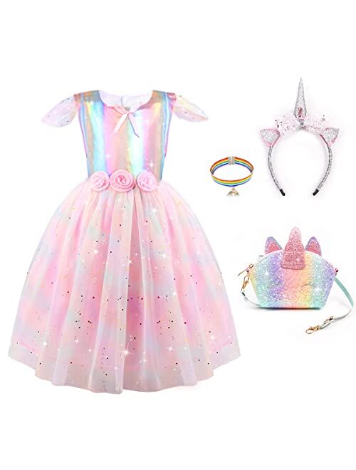 Meland M Princess Dress Up - Unicorn Girls Costumes with Purse,Hair Accessories,Princess Unicorn Gift for Girls 3,4,5,6 Years