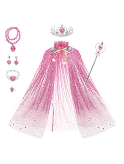 Fedio Princess Cape Set 7 Pieces Girls Princess Cloak with Tiara Crown, Wand for Little Girls Dress up