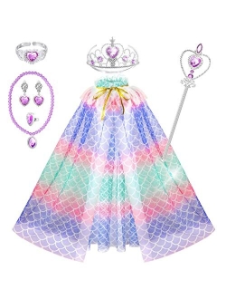 Fedio Princess Cape Set 7 Pieces Girls Princess Cloak with Tiara Crown, Wand for Little Girls Dress up