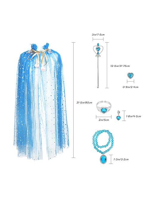 Fedio Princess Cape Set 7 Pieces Girls Princess Cloak with Tiara Crown, Wand for Little Girls Dress up