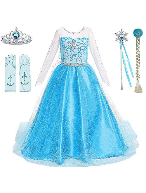 BanKids Princess Costume Birthday Party Dress Up for Little Girls with Wig,Crown,Wand,Gloves Accessories 3-10 Years