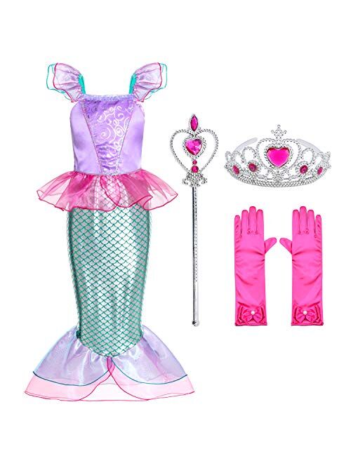 Party Chili Little Girls Mermaid Princess Costume for Girls Dress Up Party with Gloves,Crown Mace 3-10 Years