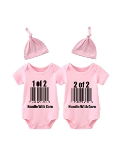 YSCULBUTOL Baby Twins Bodysuit Handle With Care Baby Girl Clothes Funny Baby Romper With Hat Set