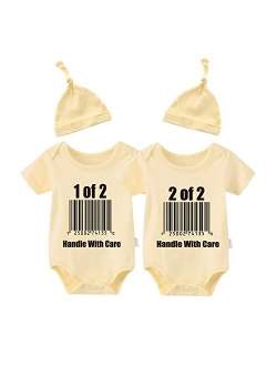 YSCULBUTOL Baby Twins Bodysuit Handle With Care Baby Girl Clothes Funny Baby Romper With Hat Set