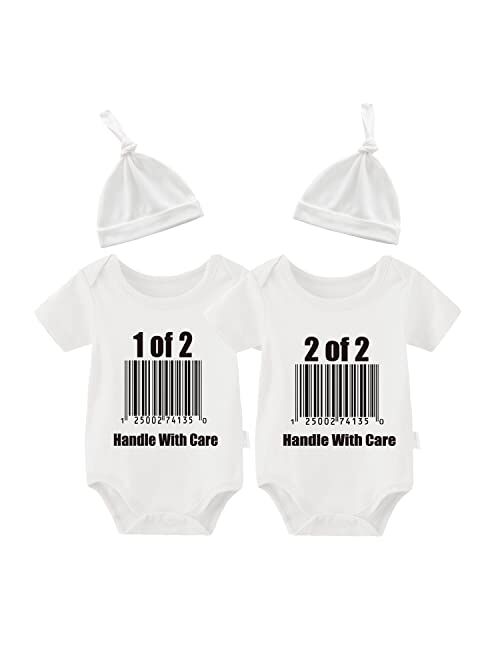 YSCULBUTOL Baby Twins Bodysuit Handle With Care Baby Girl Clothes Funny Baby Romper With Hat Set