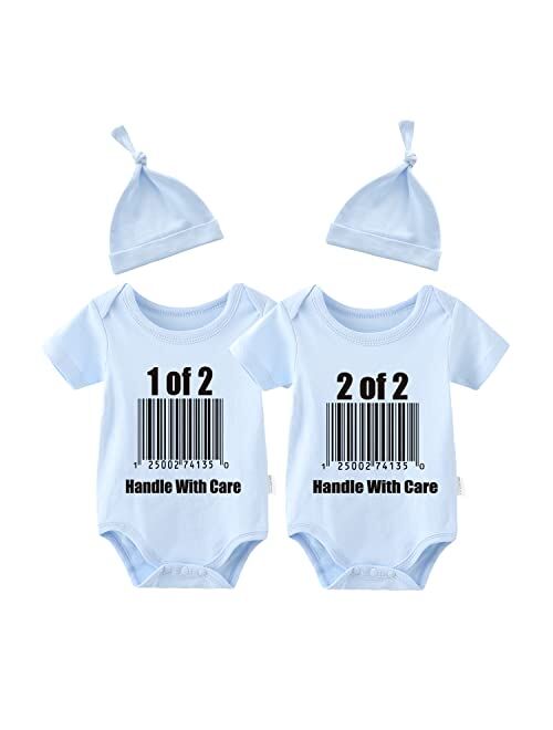 YSCULBUTOL Baby Twins Bodysuit Handle With Care Baby Girl Clothes Funny Baby Romper With Hat Set