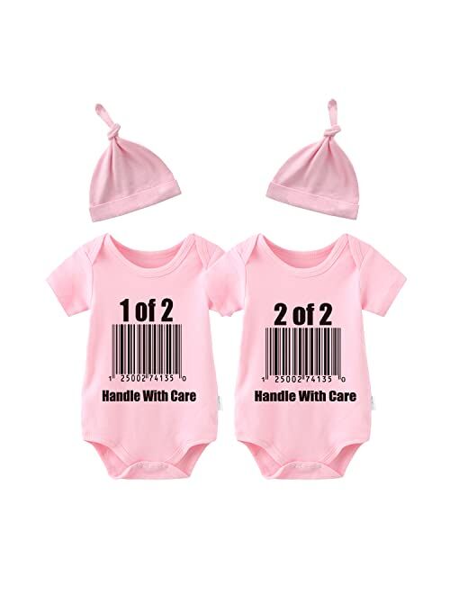 YSCULBUTOL Baby Twins Bodysuit Handle With Care Baby Girl Clothes Funny Baby Romper With Hat Set